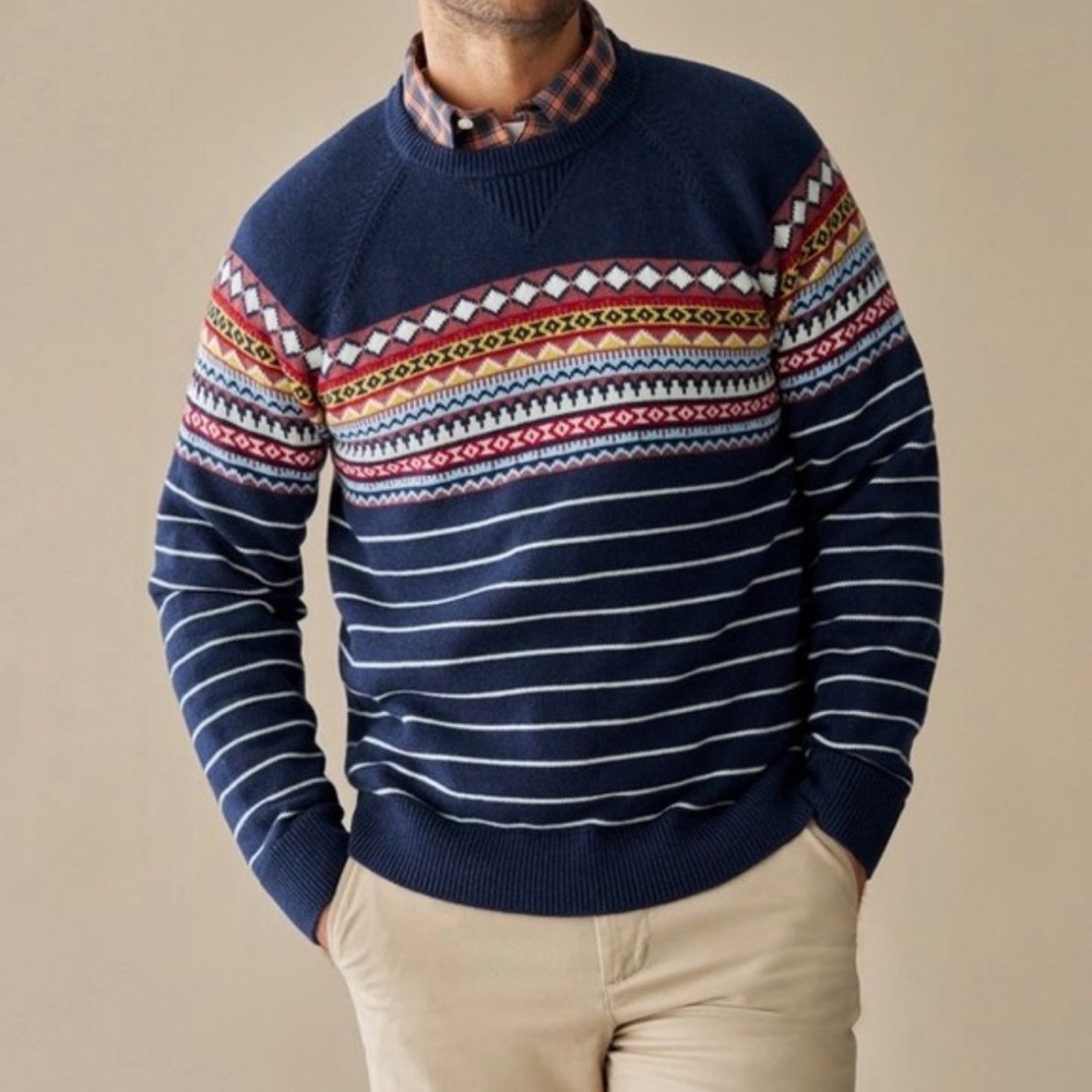 L.L.Bean Wicked Soft Cotton/Cashmere Fair Isle sweater in navy blue size M - Picture 1 of 7